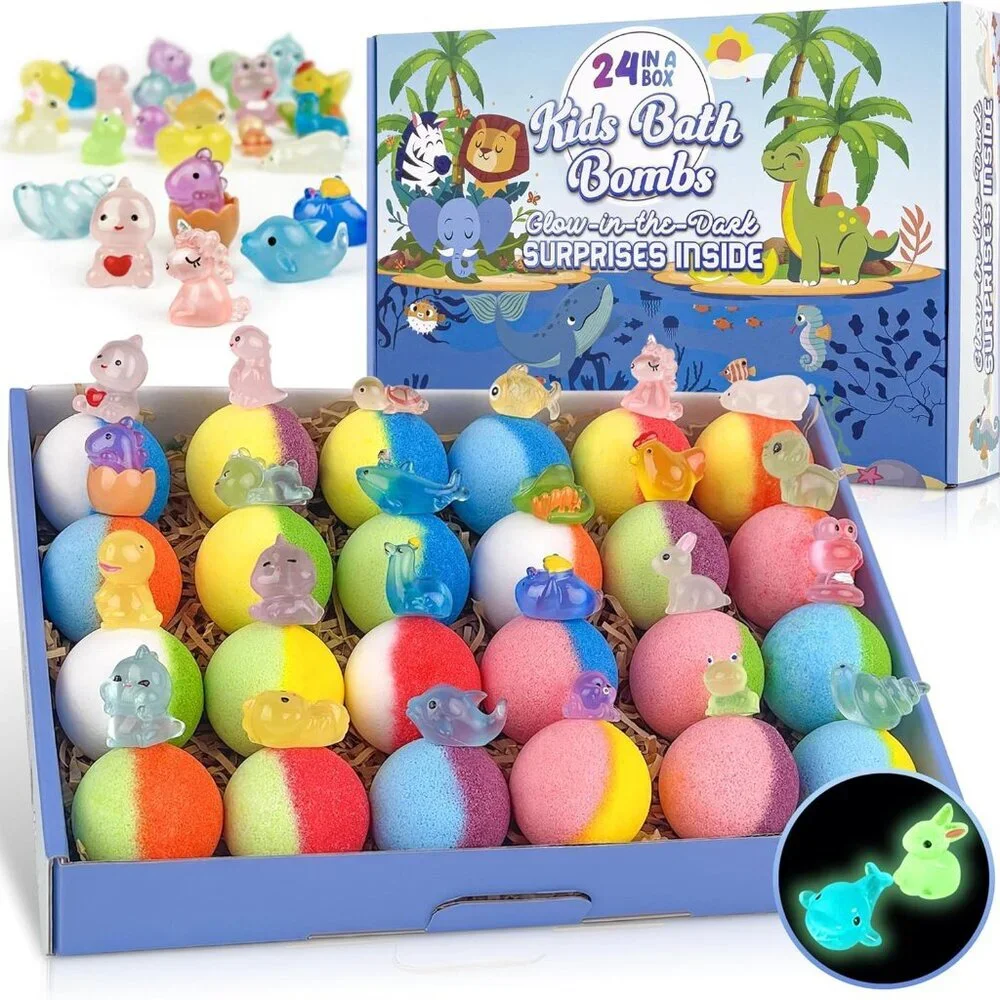 Bath Bombs for Kids, 24pcs Bath Bombs with Glow in The Dark Surprise Inside, Nat